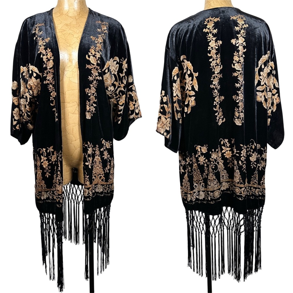Reba Black Velvet Burnout Floral Embroidered Fringe Kimono Wrap Cardigan Boho